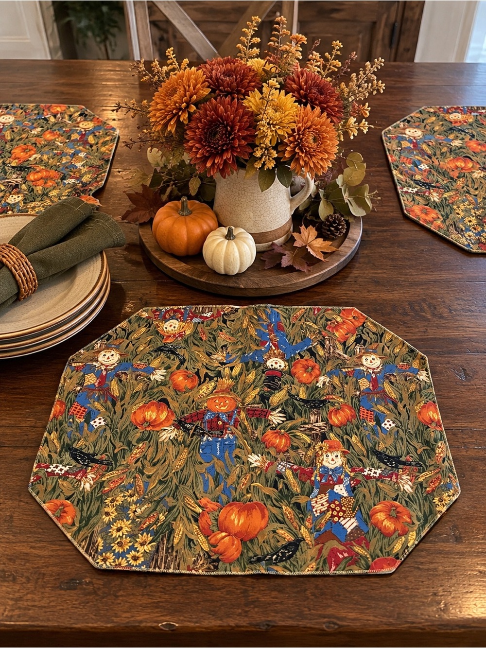 Vintage Scarecrow Pumpkin Placemats Set of 3 Octagon Fall Harvest